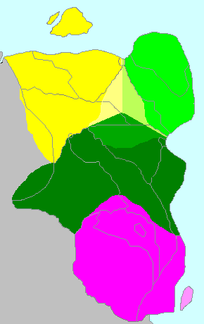 The Four Kingdoms of the Gáltad. On yellow Northern Dohenor or Bolgerdor, on light green Fors, on dark green Dohenor and on pink Hälvendil.