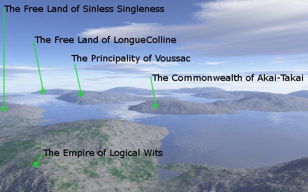 An aerial view of the bodycoded islands, from the Empire of Logical Wits to the Free Land of Longue Colline
