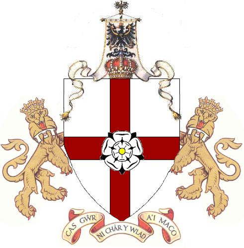 The house of Yorkshire-Königsberg Coat of Arms. The motto is Welsh for "Hateful the man who loves not the country that nurtures him."